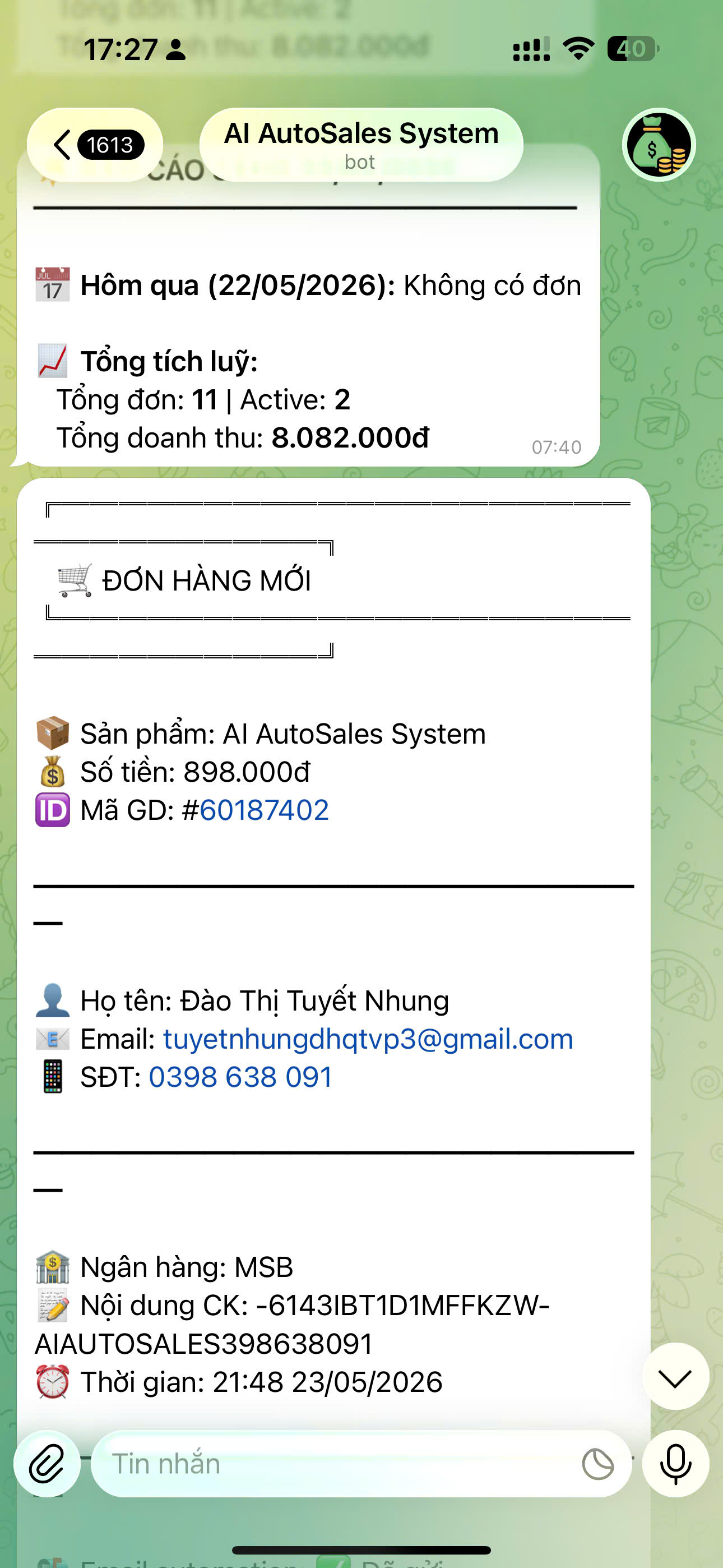 Kết quả doanh thu